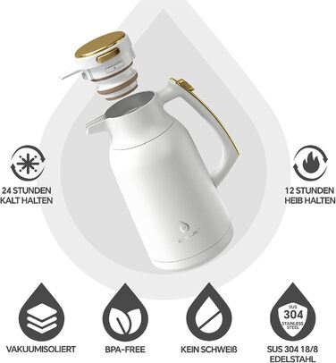 Термос IDEUS 2л з нержавіючої сталі, двостінний, вакуумна ізоляція, для кави та чаю, BPA-free, колір Celadon (білий та золотий)