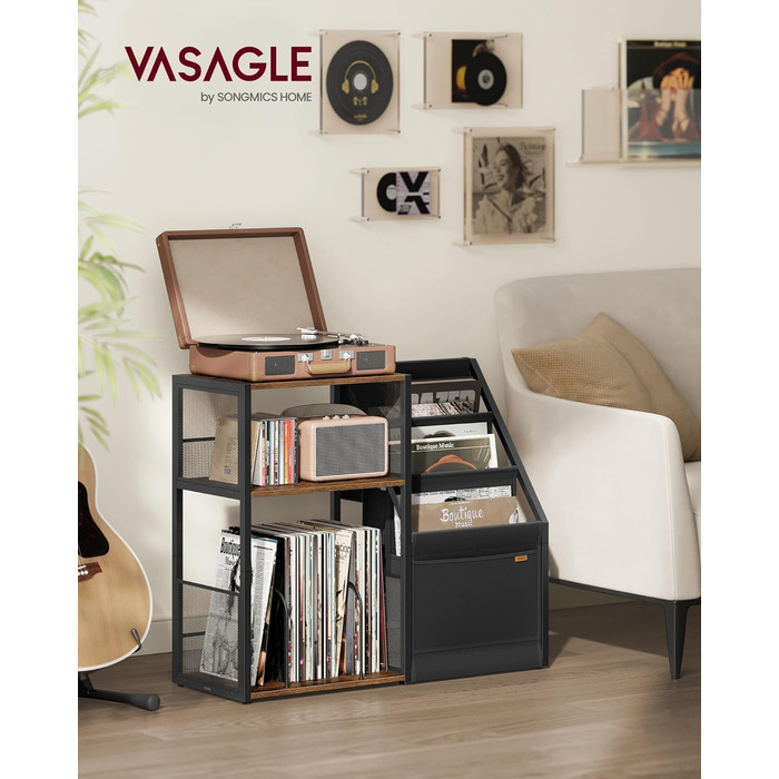 Підставка для програвача VASAGLE, 3 ящики, столик, органайзер для платівок, до 100 альбомів, для вітальні, спальні, LET275B01 (Вінтаж-коричневий)