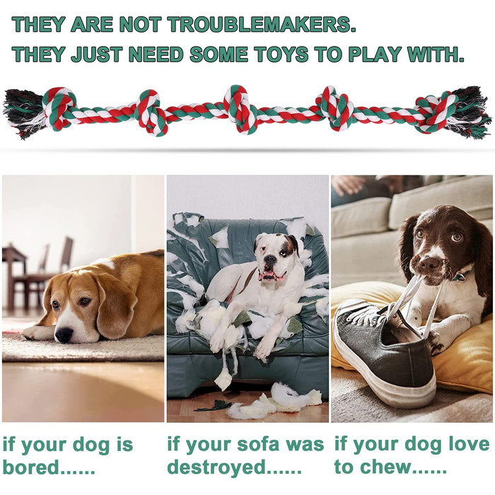 Іграшка для собак LUXMAY незнищенна мотузка для сильних великих собак, іграшка для собачої мотузки, 92 см, 5 вузлів, мотузка для агресивного жування, інтерактивна мотузка для собак середніх і великих порід (різдвяні розмальовки)