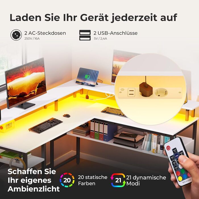 Ігровий стіл Rolanstar L-подібної форми з LED-підсвічуванням та розеткою, 137 x 108 см, комп'ютерний стіл з підставкою для монітора та місцем для зберігання, реверсивний кутовий стіл для офісу, домашнього офісу (Білий)