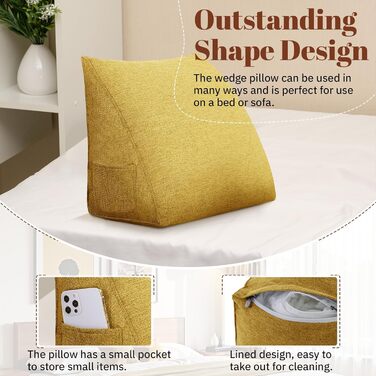 Підкова для читання Bettkeil, регульована подушка для відпочинку, трикутна подушка, подушка-підкова, диванна подушка для попереку, шиї, спини з знімним льняним чохлом (жовтий (Жовтий, 45см))