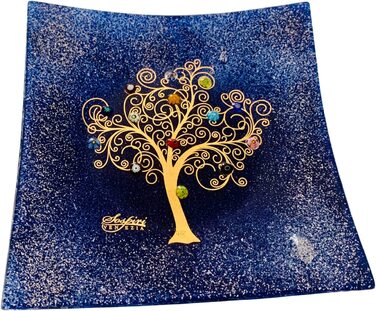 Піднос для зберігання SOSPIRI VENEZIA, прикраса, дерево життя, Муранське скло, прикрашене мармуром і сусальним золотом, ідея подарунка ручної роботи венеціанських майстрів, зроблено в Італії (синій, 39X39)