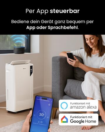 Електричний осушувач повітря Pro Breeze 20L - для приміщень до 35м², з функцією сушіння білизни, датчиком вологості, таймером та фільтром. Захист від плісняви. Керування через додаток.