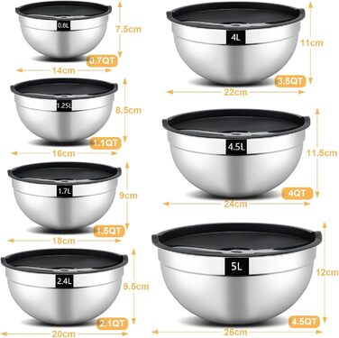 Набір місок для перемішування Hunnycook, 7 шт., нержавіюча сталь, з кришкою, для салатів, миття в посудомийній машині, 5L, 4.5L, 4L, 2.4L, 1.7L, 1.25L, 0.8L, сріблястий