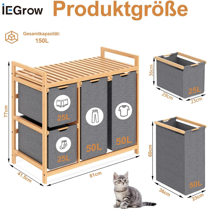 Кошик для білизни iEGrow з 4 відділеннями, 150л, бамбуковий візок для білизни з полицею, місткий кошик для брудної білизни з оксфордської тканини (сірий)
