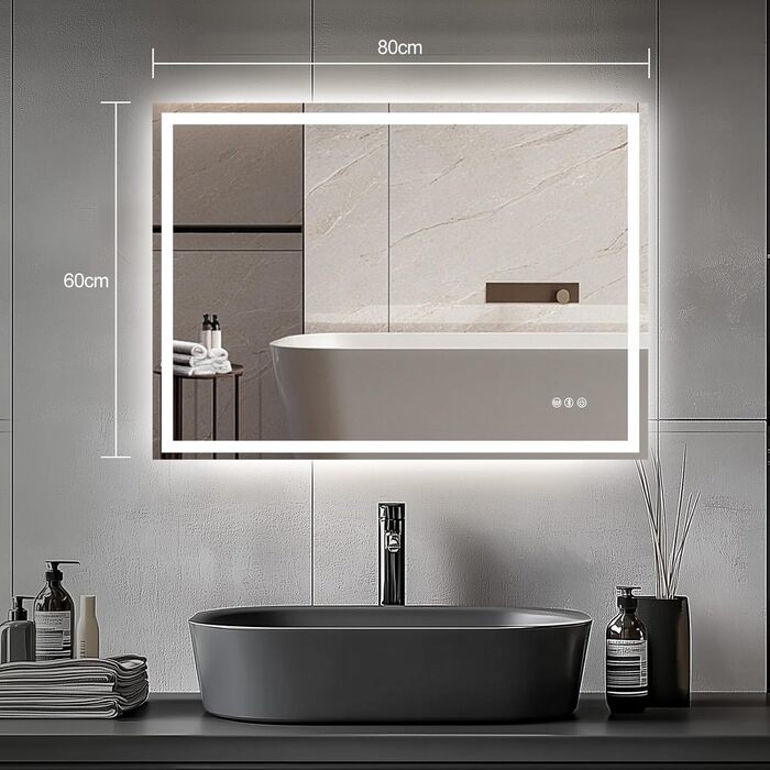Дзеркало для ванної кімнати зі світлодіодним підсвічуванням 50x70 см, дзеркало з сенсорним вимикачем, Bluetooth (80x60 см)