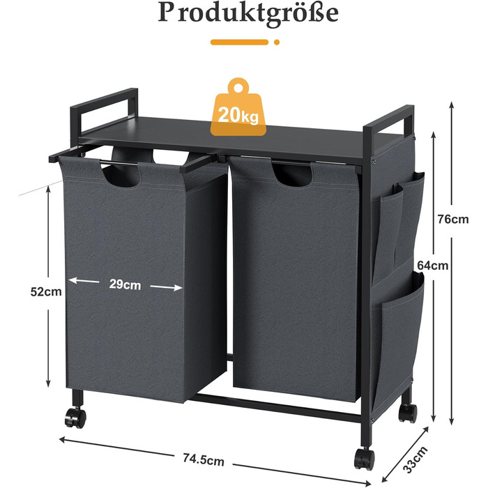 Кошик для білизни KIMENICH з кришкою, колесами, гачками, 2x46L, тканина Оксфорд, металевий каркас, темно-сірий