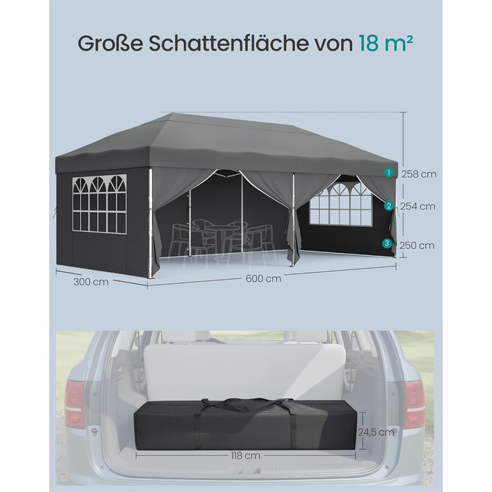 Павільйон SONGMICS 3x3 м, садовий, для відпочинку та заходів, сірий, з 6 боковинами