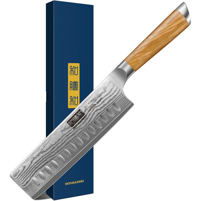 Японський ніж HOSHANHO з дамаської сталі 20 см, 67 шарів, кухонний ніж, надзвичайно гострий, з ергономічною ручкою оливкового кольору (16.5 см Nakirimesser)