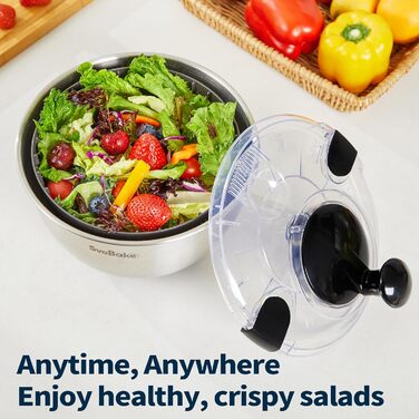 Салатниця-швидкоочисник з нержавіючої сталі 18/10 з ручним приводом та мискою об'ємом 4,5 літра, придатна для миття в посудомийній машині, чорний прозорий кришка