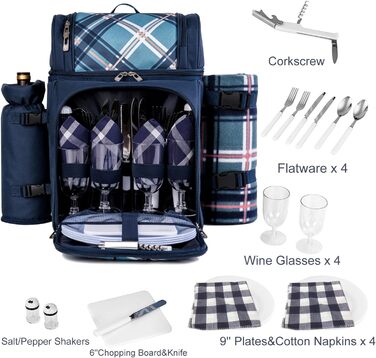 Набір для пікніка ALLCAMP Outdoor Gear на 4 особи, блакитний: рюкзак, деки, посуд, тримач для пляшок/вина
