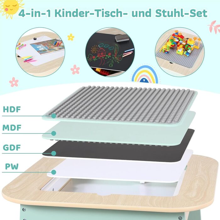 Дитячий стіл і стільці Clevich: комплект для дитячої кімнати з місцем для зберігання, 2 стільці, двосторонній стіл для малювання та будівельна пластина, зелений