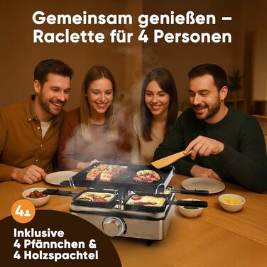 Raclette ProfiCook RG 1301 для 4 осіб | з 4 сковорідками та шпателями | Ракле | 800W