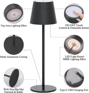 Klighten 2 шт. LED бездротові диммерні настільні лампи Anthrazit, перезарядна лампа USB-C для дому та вулиці, тепле світло 3000K, алюміній, IP54 вологостійка, антрацит