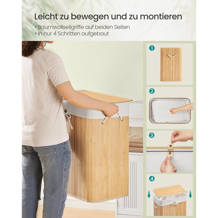 SONGMICS Кошик для білизни 95 л з кришкою, бамбук, з ручками, складний, знімний мішок для прання, для пральні, LCB060Y01