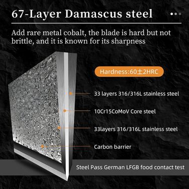 Набір кухонних ножів NANFANG BROTHERS 9 предметів з дамаської сталі, з дерев'яним блоком, нержавіюча сталь, сірий