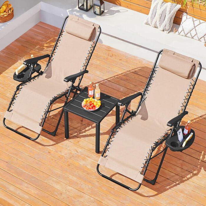Розкішні лежаки для відпочинку Yaheetech (2 шт.) - складані, з подушкою та тримачем для напоїв, бежеві