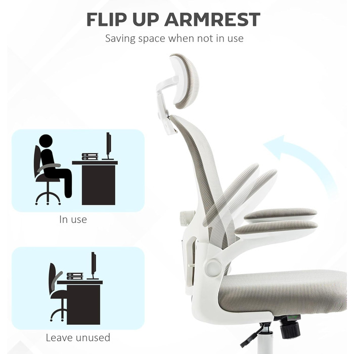 Офісне крісло Vinsetto з високою спинкою, сітчаста тканина, комп'ютерне крісло з обертовою підголівником, 4D поперекова підтримка, відкидні підлокітники, регульована висота, Білий (Сірий)