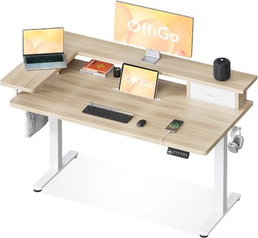 Електричний стіл OffiGo з регулюванням висоти, 120x60 см, з ящиком та USB, ергономічний, для комп'ютера, кленова поверхня