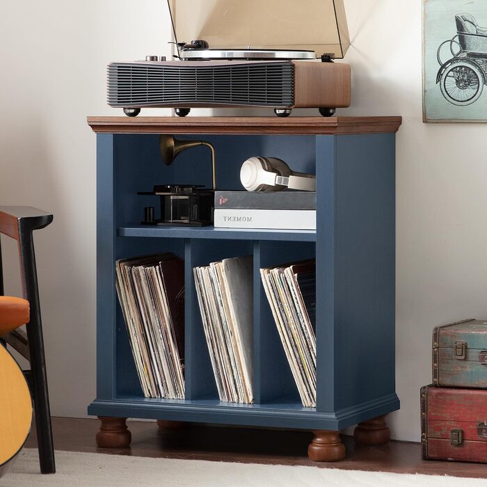 LELELINKY Підставка для програвача, полиця для платівок, містить до 200 платівок, великий дерев'яний стіл для програвача, полиця для платівок у вітальню, спальню, офіс (Блакитний)