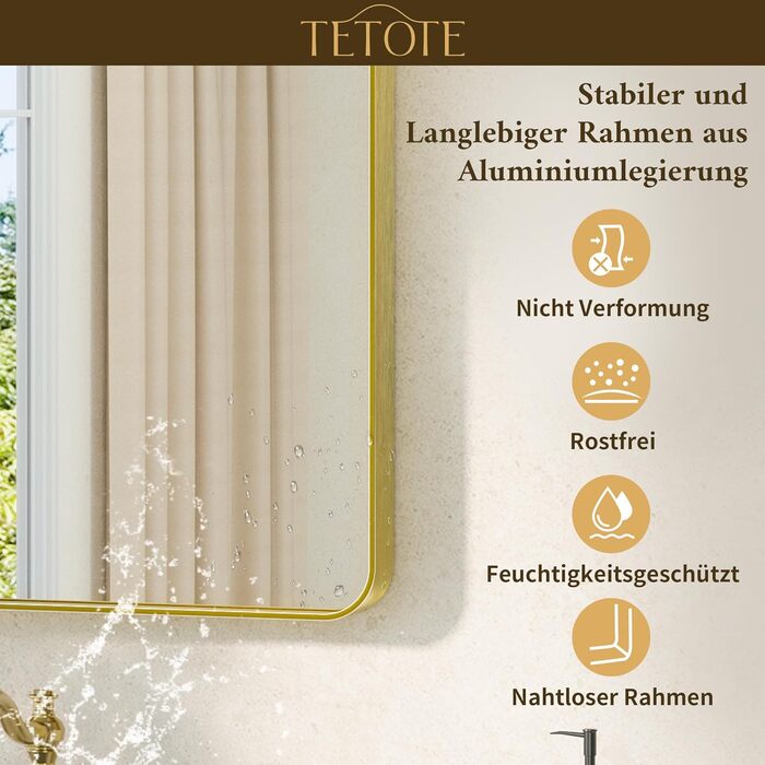 Дзеркало настінне TETOTE 40x50 см, прямокутне, з металевим каркасом, для ванної кімнати, з закругленими кутами, скло загартоване, золотий колір