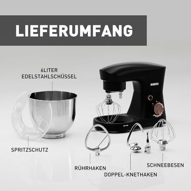 Кухонна машина Heinrichs 1500W з місткою чашею 6L з нержавіючої сталі, 10 швидкостей, набір насадок (міксер, гак для тіста, вінчик)