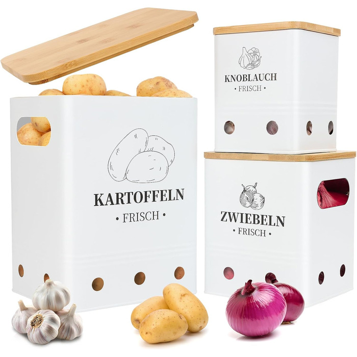 Коробки для зберігання картоплі, цибулі та часнику, 3 шт., з бамбуковим кришками, чорні