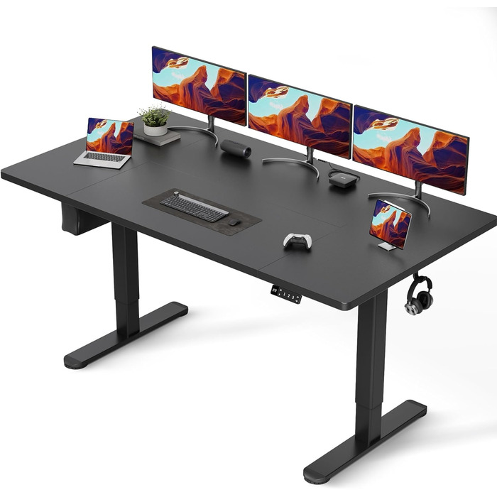 Регульований стіл Claiks з підйомною механізмом (FSC®), вантажопідйомність 80 кг, 3 функції пам'яті, гачки, тихий мотор, для дому та офісу, білий (180 x 80 см, чорний)