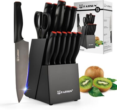 Набір кухонних ножів Katisun 16 шт. з підставкою, японська сталь, з заточувачем, дощечкою та ножицями. Кухонний набір для нарізання, шинкування та різання, стійкий до миття в посудомийній машині, титанове покриття