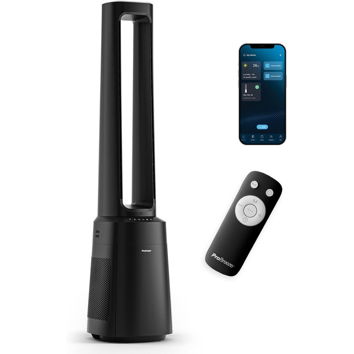 Вентилятор Pro Breeze OmniAir з очищувачем повітря, 105 см - безлопасний, осциляція 75°, пульт, HEPA 13, LED дисплей, 10 швидкостей, тихий, 5 режимів, Smart App, чорний