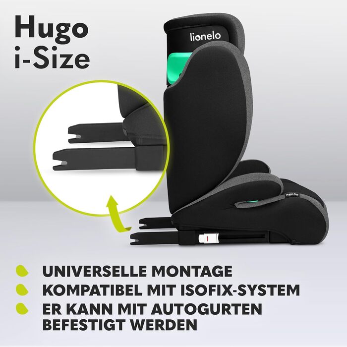 Дитяче автокрісло LIONELO HUGO I-SIZE, група 2 3, від 100-150 см, установка ISOFIX, регульований підголівник, піна з ефектом пам'яті, бічний захист, зручні підлокітники чорно-сірий