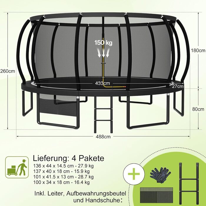 Батут Devoko вуличний Ø488 см з сіткою та драбиною, чорний - великий дитячий батут для саду з сертифікатом GS