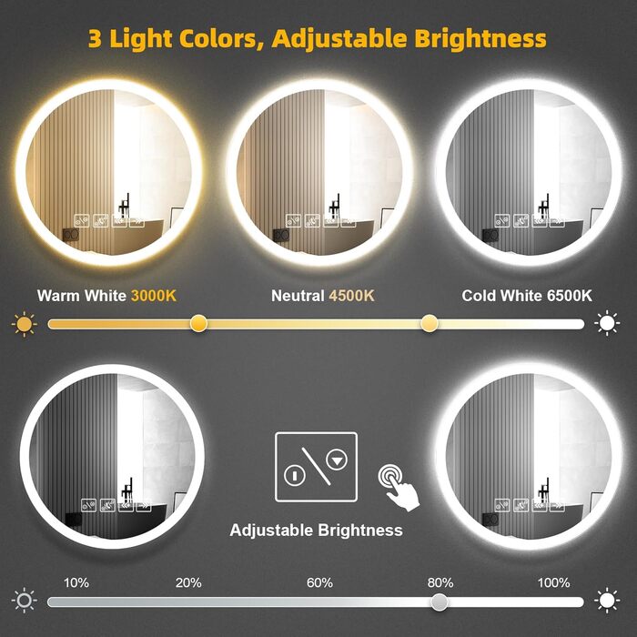 Дзеркало для ванної кімнати 600мм з підсвічуванням, регульованою яскравістю, сенсорним вимикачем, функцією проти запотівання та таймером | IP44, вологостійке, кругле дзеркало з підсвічуванням для ванної кімнати, готелю (з музикою)