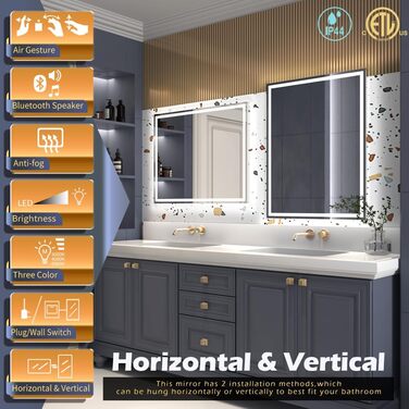 Дзеркало з LED-підсвічуванням та сенсором, з Bluetooth, регульоване освітлення, протитуманне, водонепроникне IP44, для ванної кімнати, 50 x 70 см