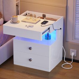 Нічний столик AOGLLATI з секретною поличкою, розеткою та LED-підсвіткою. 2 шухляди, висувний ящик, полиця. Білий, 40x35x59 см