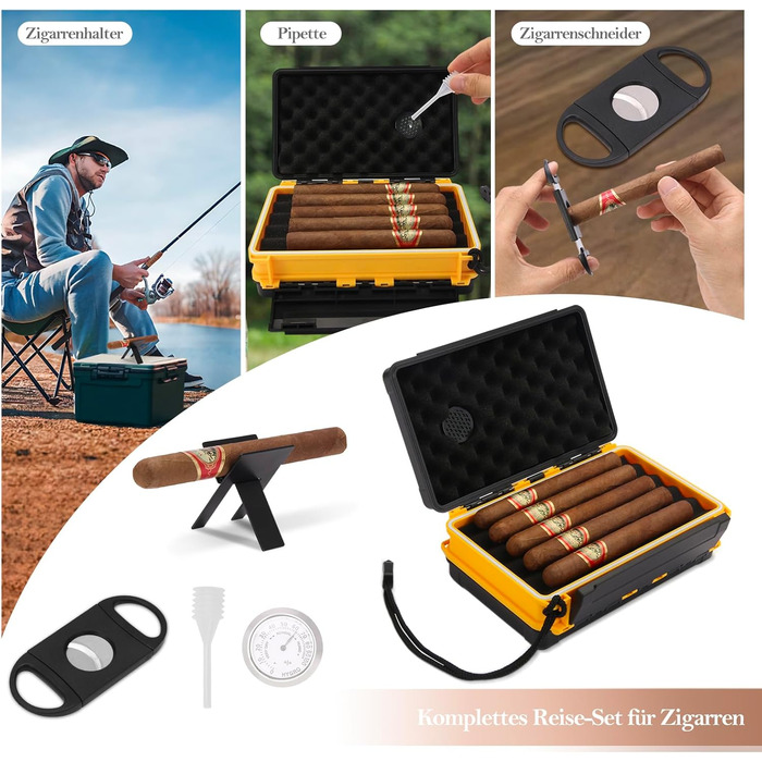 Подорожній вологозберігач для сигар на 5 сигар (50RG), Комплект з різаком, підставкою, гігрометром та зволожувачем, Подарунковий набір для поціновувачів сигар (Жовтий)