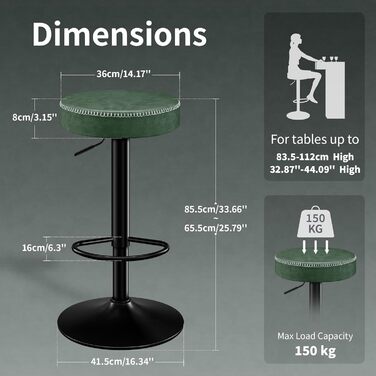 Набір з 2 барних стільців з мікрофібри, обертаються на 360°, витримують до 150 кг, зелені