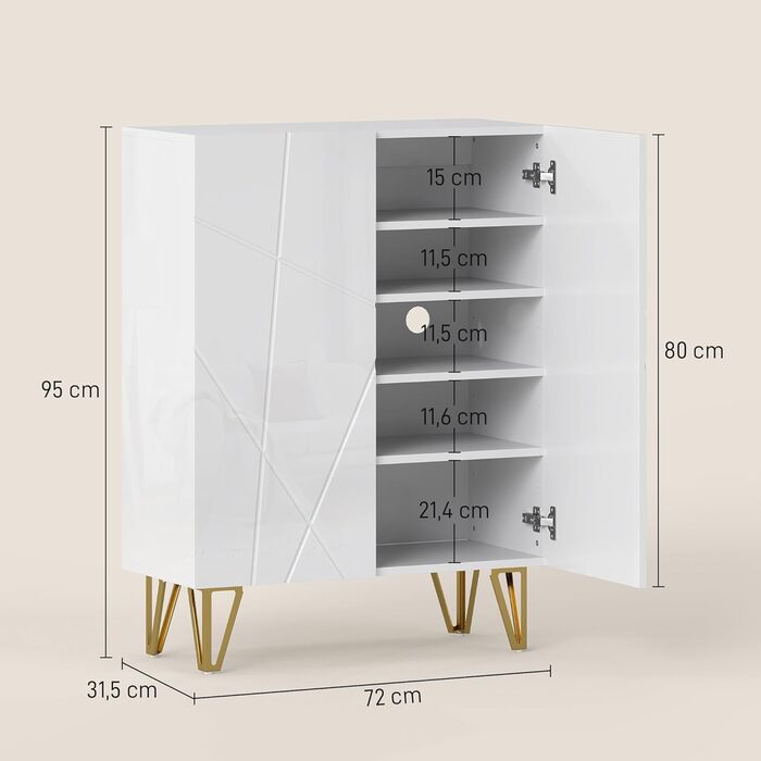 Шафа для взуття HOMCOM з 2 дверцятами, 3 регульовані полиці, на 15-20 пар взуття, 72 x 31,5 x 95 см, білий