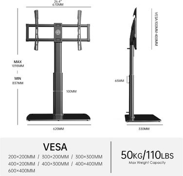 Універсальна підставка для телевізора FITUEYES 43-85'' до 50 кг, сумісна з плоскими та вигнутими TV, обертається, регулюється по висоті, VESA 600x400