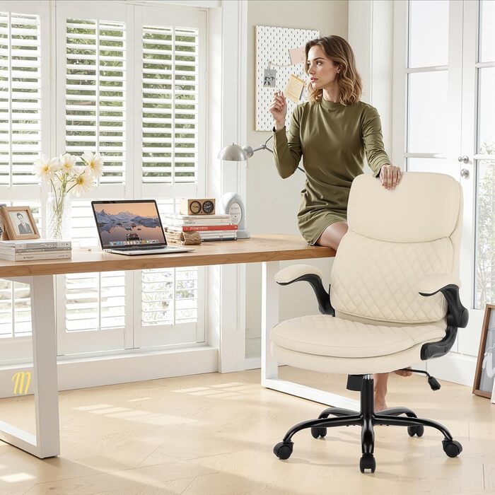 Офісний крісло Colamy: ергономічний, з високою спинкою, регульовані підлокітники, шкіряне покриття (слонова кістка)