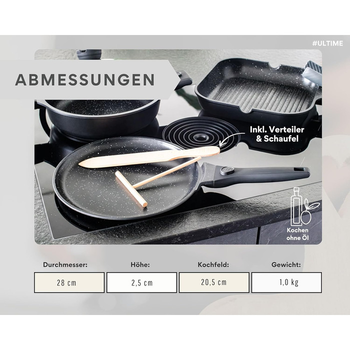 DIVORY Сковорода-гриль 28x28 см з виливом та знімним ручками - сковорода для стейків на індукційній плиті, з антипригарним покриттям, з лопаткою та захистом для сковороди (Чорний, сковорода для крепів 28 см)