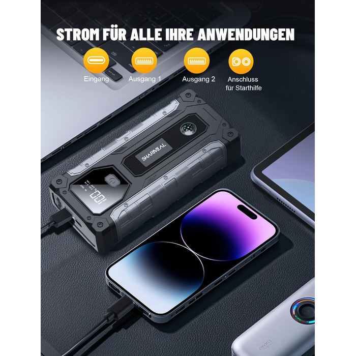 Powerbank для авто SHARMEAL 6000A: старт для бензинових та дизельних двигунів (до 10 л), 12V, LCD, LED ліхтарик