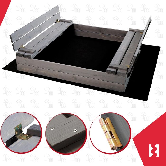 Пісочниця KOTARBAU® з кришкою, 120x120 см, дерево, сіра, з лавками