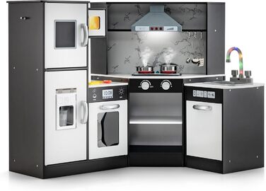 Дерев'яна дитяча кухня DREAMADE з аксесуарами (16 шт.), кухонний кутовий набір з плитою, духовкою, мийкою та дощечкою, ігровий кухонний набір з підсвіткою та звуком для дівчаток віком від 3 років (колір: коричневий)