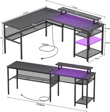 L-подібний ігровий стіл, 141x117x76 см, з полицею, для дому, офісу, навчання, ігор, чорний
