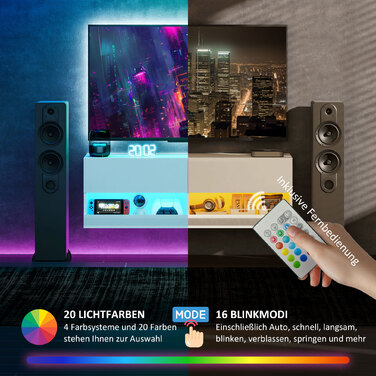 Тумба під телевізор з LED-підсвіткою, 16 режимів мигання, настінна тумба, відкриті полиці, 120 x 35 x 40,5 см, білий