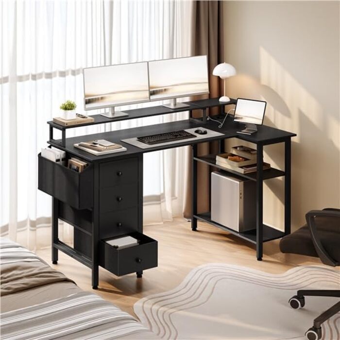 Кутовий стіл Yaheetech L-подібний з розетками 120x68 см, геймерський стіл з тримачем для монітора, 4 шухляди, 2 полиці, кишенька для зберігання, для дому/офісу (чорний)