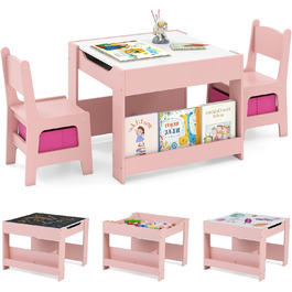 Дитячий столик Dreamade 4 в 1 з 2 стільцями: дерев'яний набір з дошкою та полицями, столик-стілець для дітей з 2 тканинними коробками, рожевий