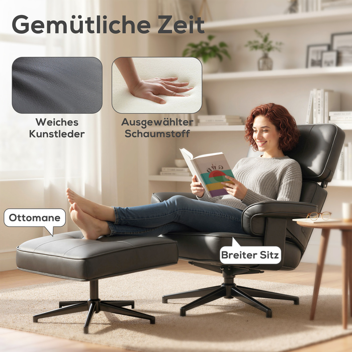 Регульоване крісло для відпочинку з відкидною підніжкою, обтягнуте штучною шкірою, з регульованою підголівником, металевим каркасом, чорного кольору.