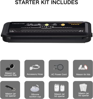 Вакууматор Megawise для продуктів з потужністю 80 кПа, автоматичний вакуумний пакувальник з режимами для сухих та вологих продуктів, чорний, комплект з 10 пакетами та різаком